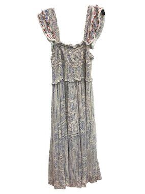 THML Smocked Tiered Maxi Dress L Blue White Dotted Embroidered Vacation Resort